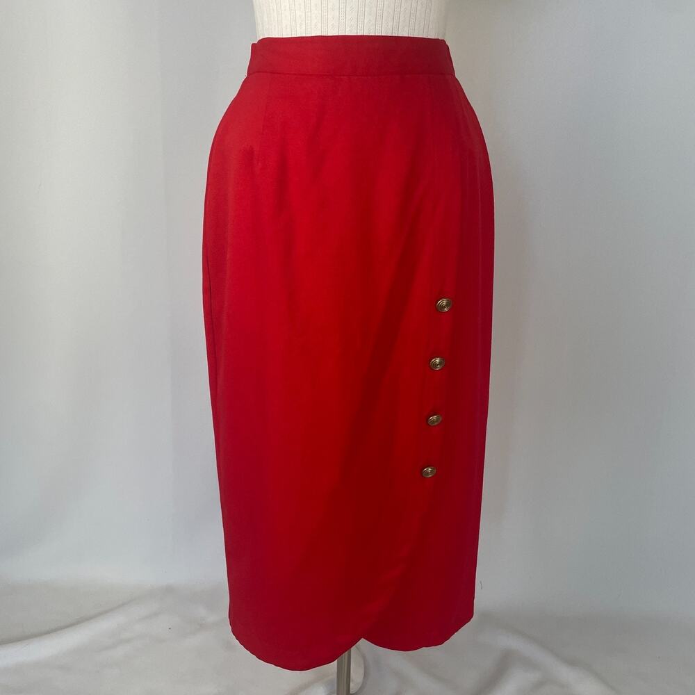 Vintage Pencil Skirt Size 14 Red Solid Tulip Hem Button Minimal Preppy Academia